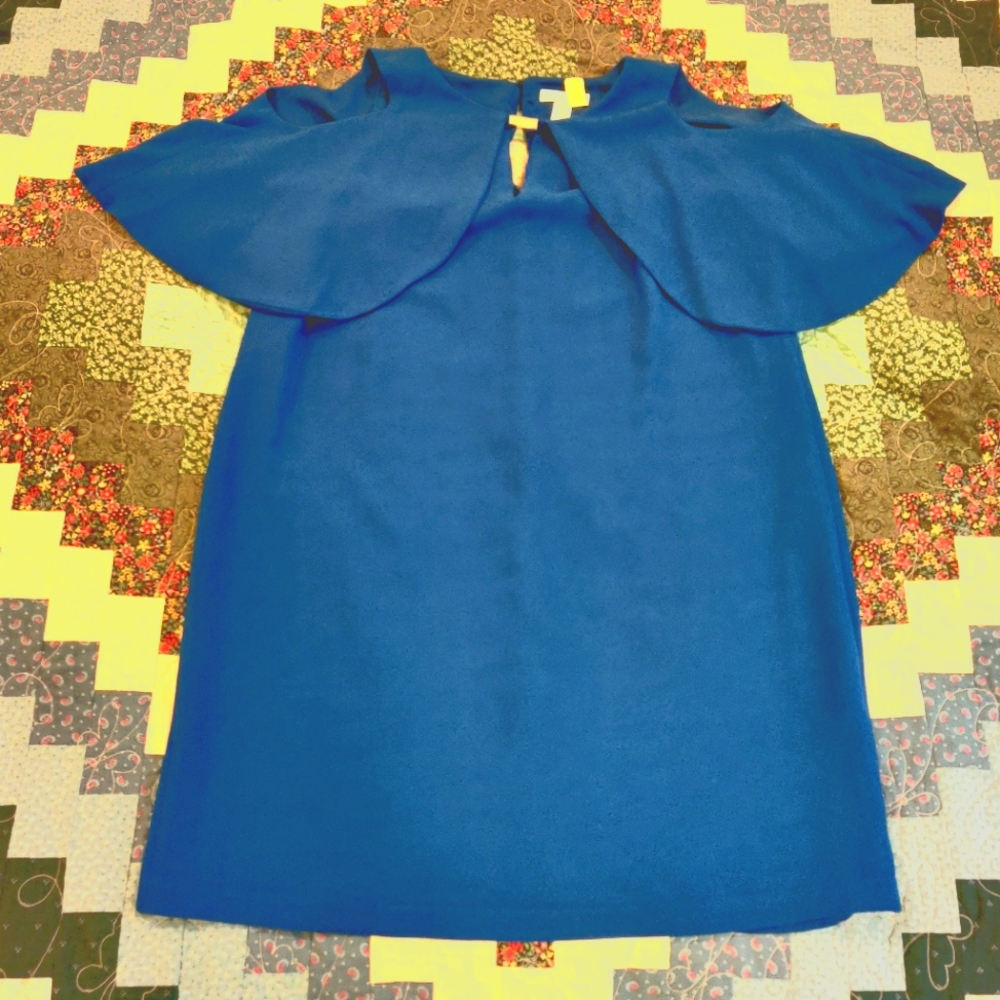 London Times Cold Shoulder Mini Cape Blue Dress - Picture 2 of 10